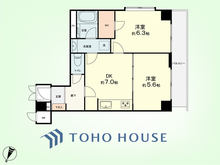 間取り 2DK　専有面積45.87平米、バルコニー面積5.59平米