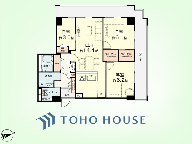 間取り 3LDK　専有面積71.84平米、バルコニー面積22.49平米