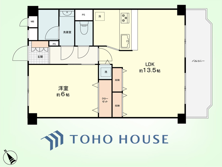 間取り 1LDK　専有面積43.74平米、バルコニー面積6.28平米
