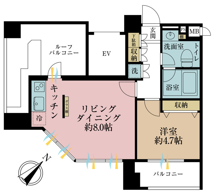 間取り 1LDK、専有面積37.18m2、バルコニー面積4.31m2