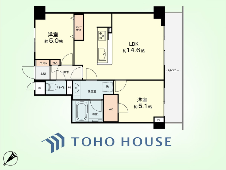 間取り 2LDK　専有面積55.32平米、バルコニー面積7.81平米