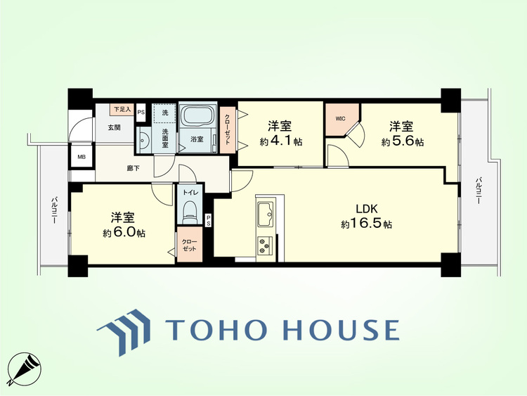 間取り 3LDK　専有面積70.95平米、バルコニー面積10.08平米