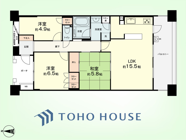 間取り 3LDK+リネン庫　専有面積75.01平米、バルコニー面積13.20平米