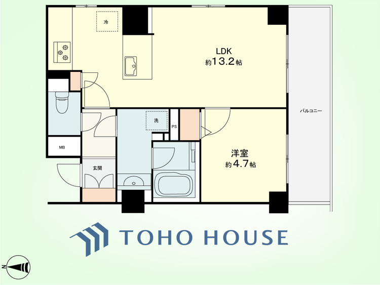 間取り 1LDK　専有面積42.90平米、バルコニー面積7.08平米