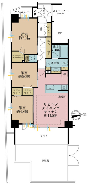 間取り ３ＬＤＫ、専有面積７１．２３平米、テラス・専用庭面積確認中
