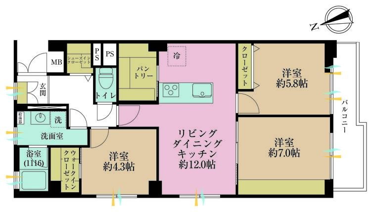 その他 3LDK、専有面積72.08m2、バルコニー面積6.44m2