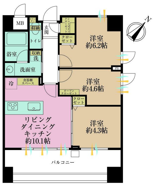 その他 3LDK、専有面積57.85m2、バルコニー面積11.01m2