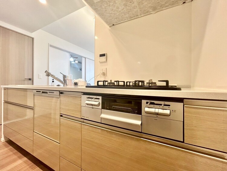 その他 カウンターキッチンは広くて収納力もあるので、快適に料理をすることができます。食器や炊事用具を手の届くところに配置しやすいため調理もスピーディー。食洗器とディスポーザー付き。