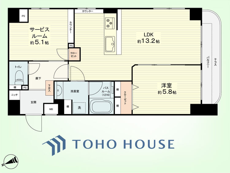 間取り 1SLDK　専有面積55.00平米、バルコニー面積4.62平米