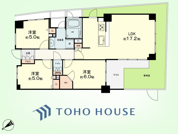 間取り 3LDK　専有面積70.03平米、テラス面積4.05平米、専用庭面積25.11平米