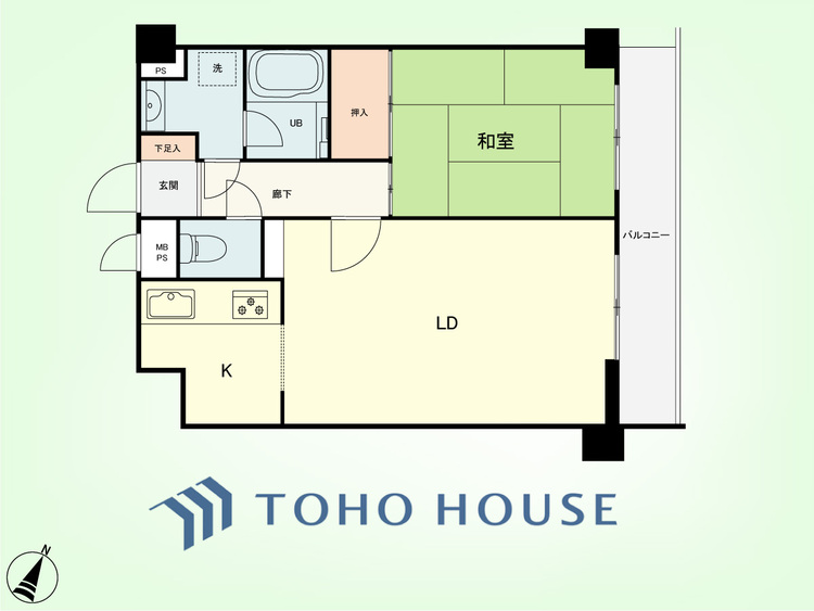 間取り 1LDK　専有面積43.98平米、バルコニー面積5.47平米
