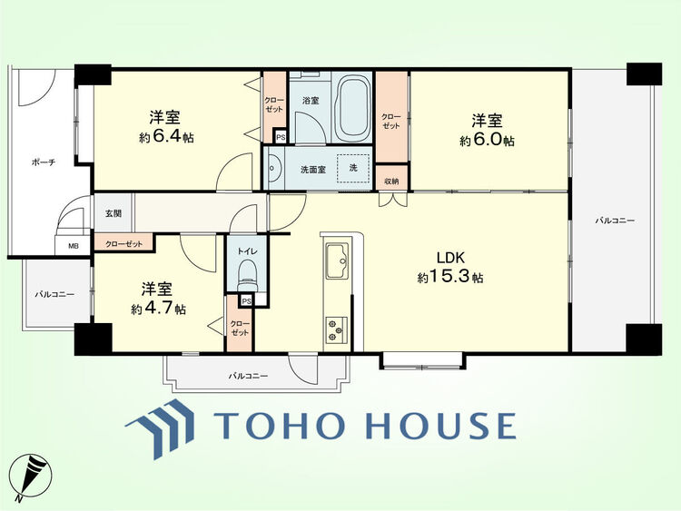 間取り 3LDK　専有面積68.48平米、バルコニー面積17.46平米