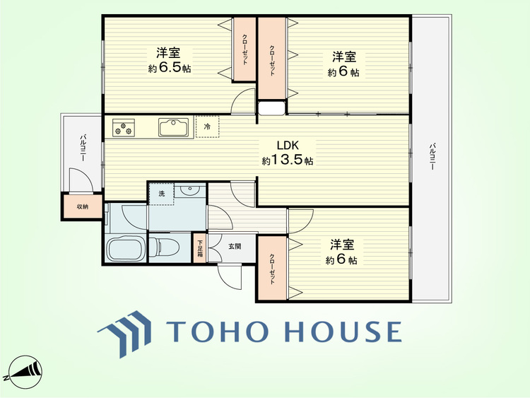 間取り 3LDK　専有面積72.86平米、バルコニー面積12.05平米