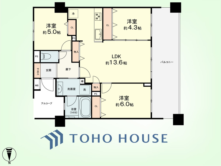 間取り 3LDK　専有面積64.40平米、バルコニー面積16.2平米