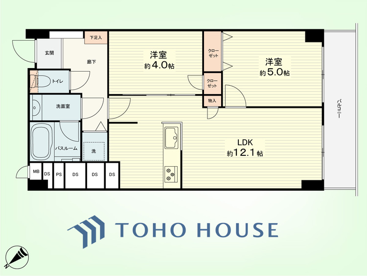 間取り 2LDK　専有面積49.92平米、バルコニー面積5.72平米