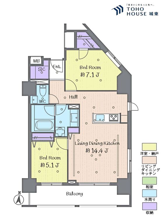 間取り ２ＬＤＫ、専有面積６４．６４平米、バルコニー面積１０．１５平米