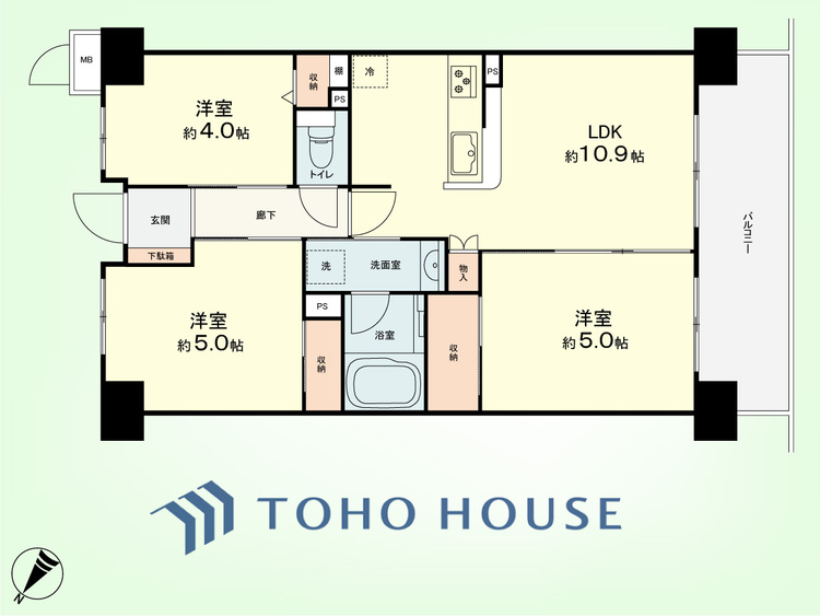 間取り 3LDK　専有面積55.14平米、バルコニー面積8.41平米
