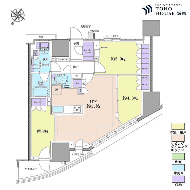 間取り ３ＬＤＫ、専有面積７３．８１平米、バルコニー面積６．５９平米