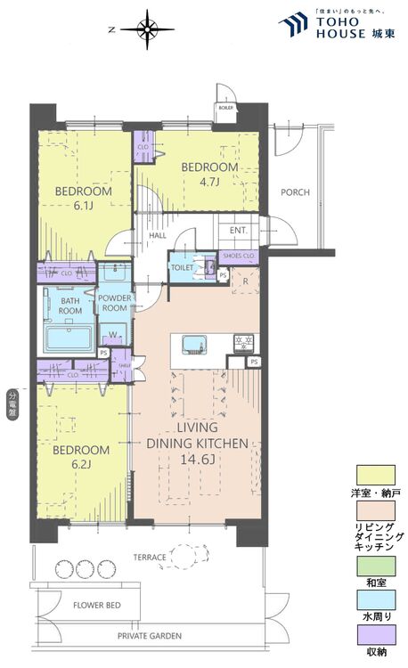 間取り ３ＬＤＫ、専有面積６８．０４平米、バルコニー面積１４．４１平米