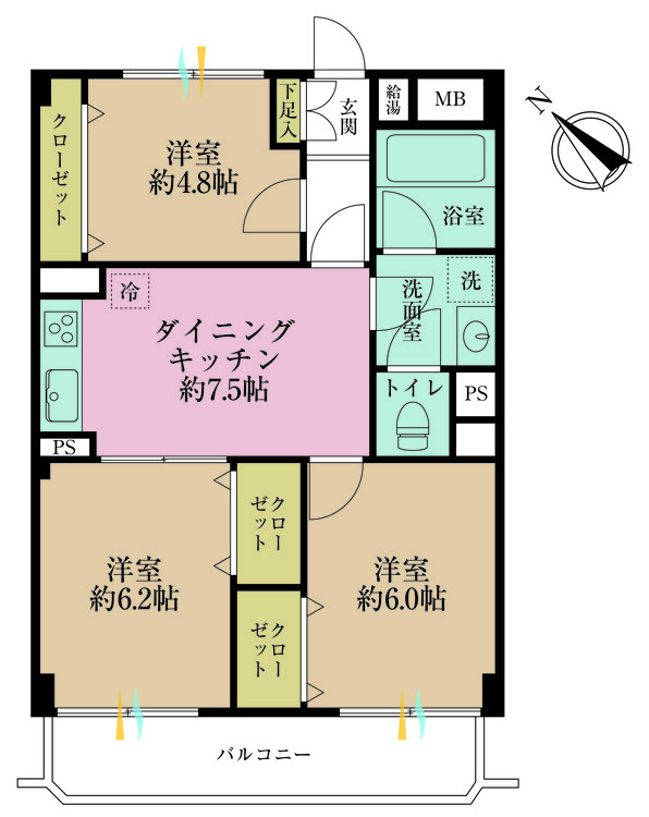 その他 3DK、専有面積54.14m2、バルコニー面積6.22m2