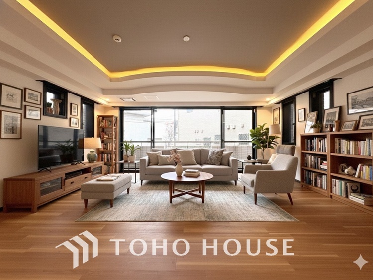 内装 【LIVING】◆煌びやか◆愛おしい家族との団欒の時間をより一層幸せなものに感じさせる煌びやかなLDK。輝かしい毎日が待っています。※この画像の家具の配置には、CGによる加工を施しております。