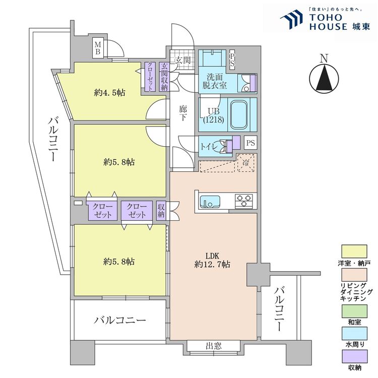 間取り ２ＳＬＤＫ、専有面積６５．０８平米、バルコニー面積１８．７７平米