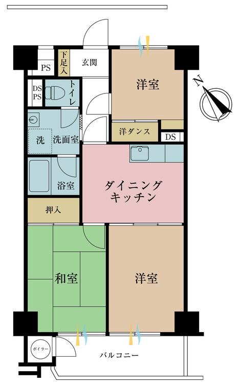間取り ３ＤＫ、専有面積５３．０４平米、バルコニー面積６．６平米
