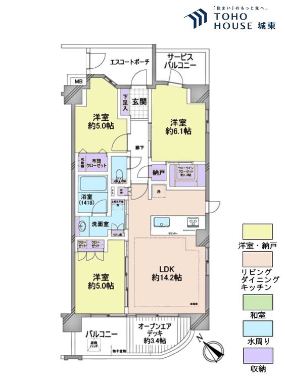 間取り ３ＬＤＫ、専有面積６８．７４平米、バルコニー面積５．０４平米