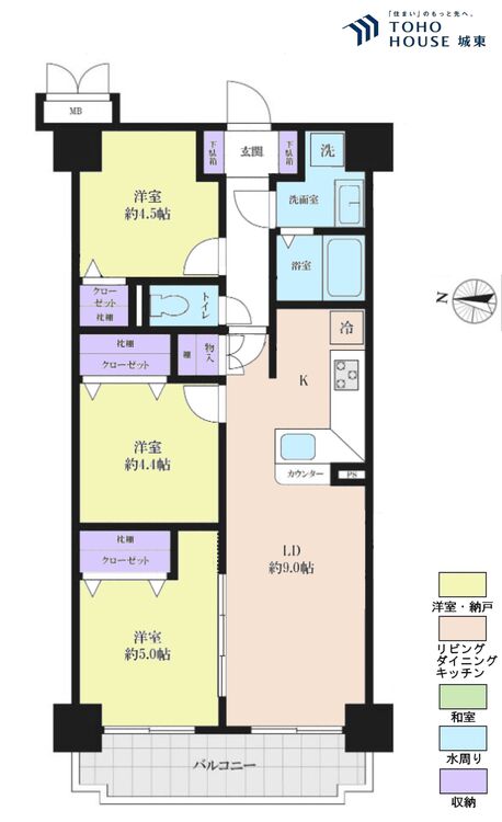 間取り ３ＬＤＫ、専有面積６０．０９平米、バルコニー面積６．８２平米