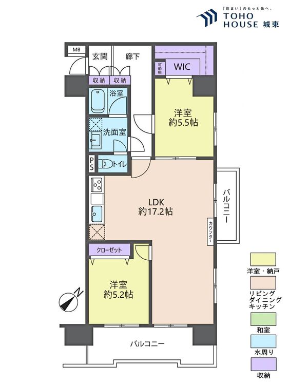 間取り ２ＬＤＫ、専有面積６５．３４平米、バルコニー面積１１．２９平米