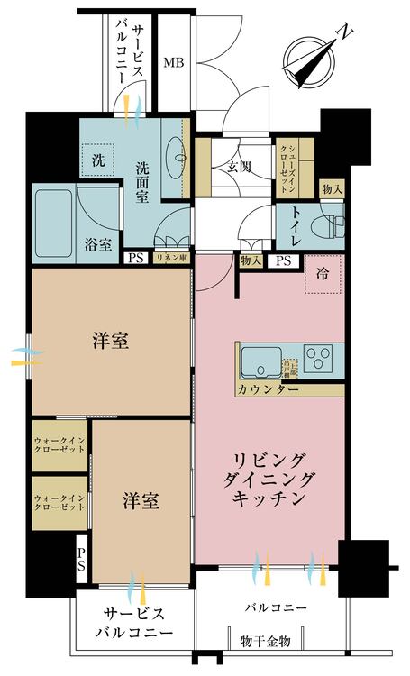 間取り ２ＬＤＫ、専有面積５３．３３平米、バルコニー面積４．２９平米