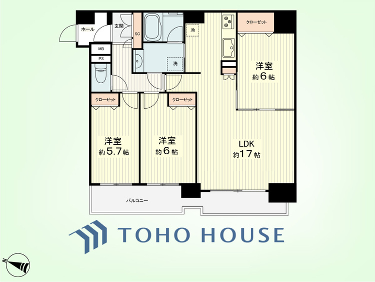 間取り 3LDK　専有面積75.91平米、バルコニー面積12.36平米