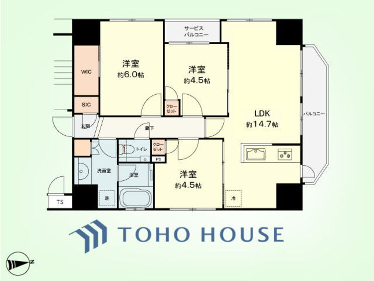 間取り 3LDK　専有面積67.71平米、バルコニー面積5.02平米