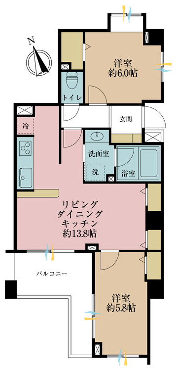 その他 2LDK、専有面積57.9m2、バルコニー面積8.1m2