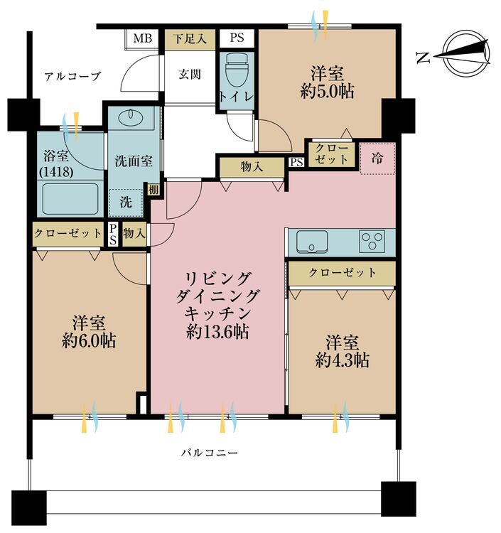 その他 3LDK、専有面積64.4m2、バルコニー面積16.2m2