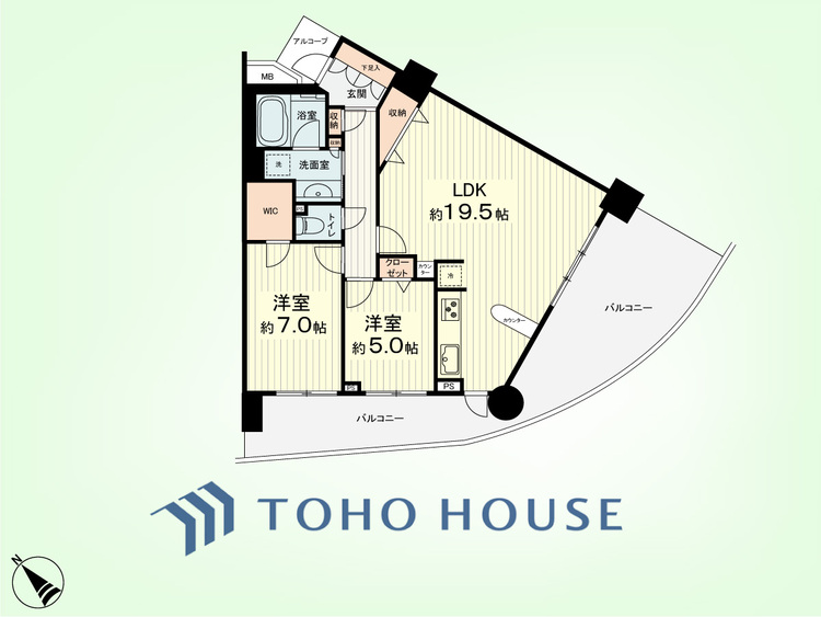 間取り 2LDK　専有面積72.90平米、バルコニー面積29.31平米
