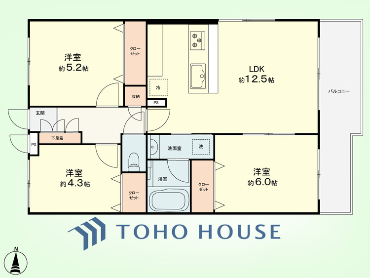 間取り 3LDK　専有面積64.26平米、バルコニー面積8.13平米