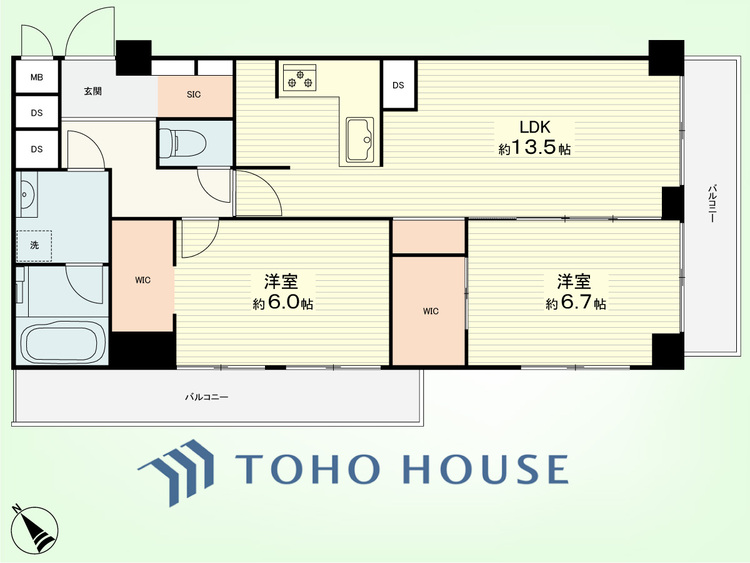 間取り 2LDK　専有面積61.56平米、バルコニー面積11.97平米
