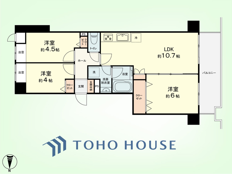 間取り 3LDK　専有面積55.22平米、バルコニー面積7.71平米