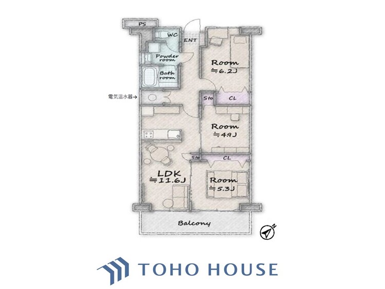 間取り 【house the light is illuminat】採光と風　家事導線も比較的良好で、風通しの良さで過ごしやすい麗(うら)らかな気分にさせてくれるリビング