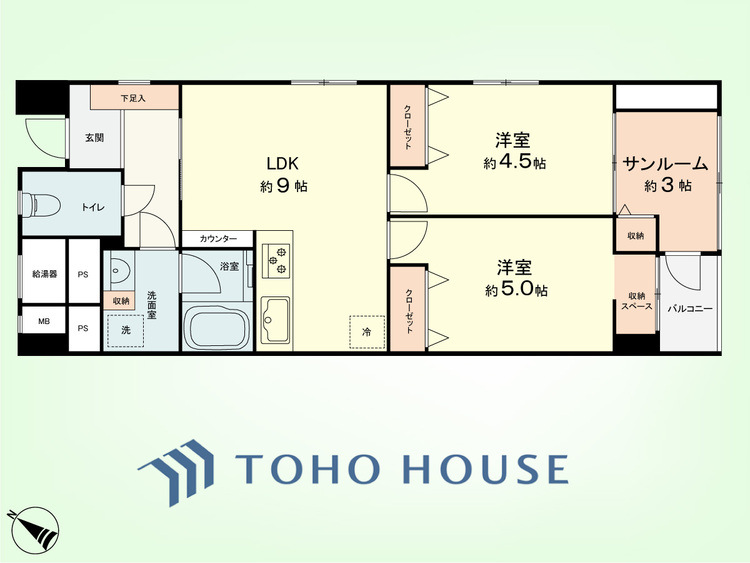 間取り 2LDK+サンルーム　専有面積58.85平米