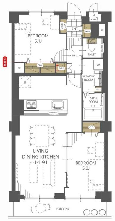 間取り 2LDK、専有面積60.5?、バルコニー面積6.6?