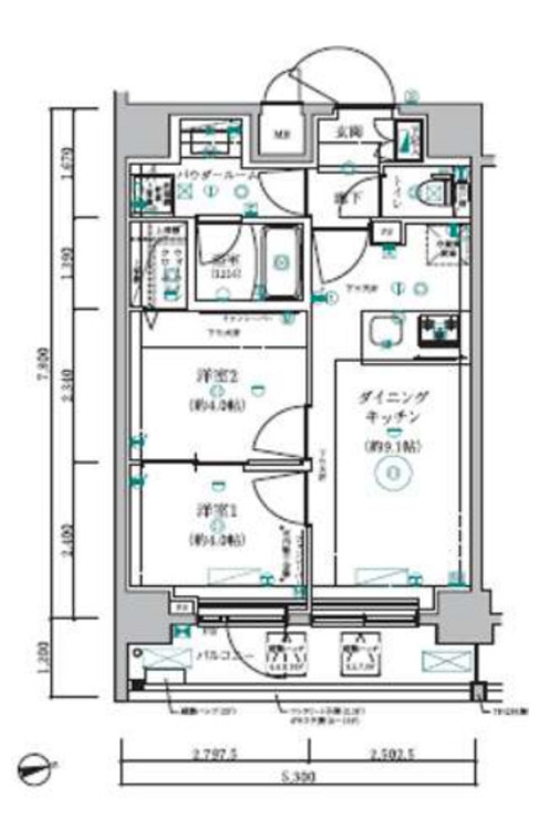 間取り 2DK、専有面積41.34?、バルコニー面積6.36?