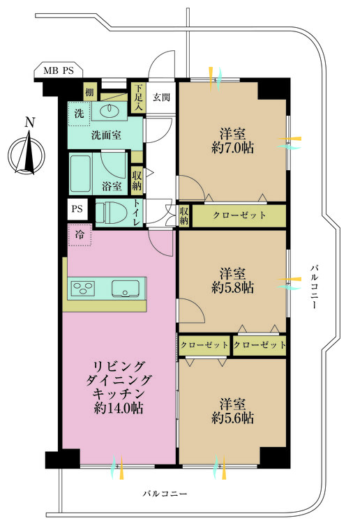 その他 3LDK、専有面積70.4m2、バルコニー面積27.65m2