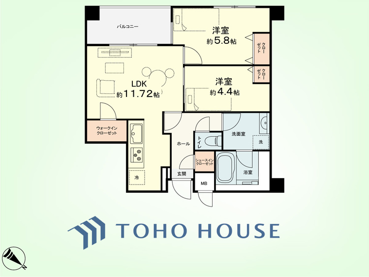 間取り 2LDK　専有面積55.16平米、バルコニー面積6.18平米