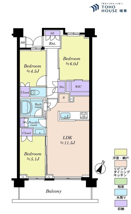 間取り ３ＬＤＫ、専有面積６８．６９平米、バルコニー面積１０．８平米