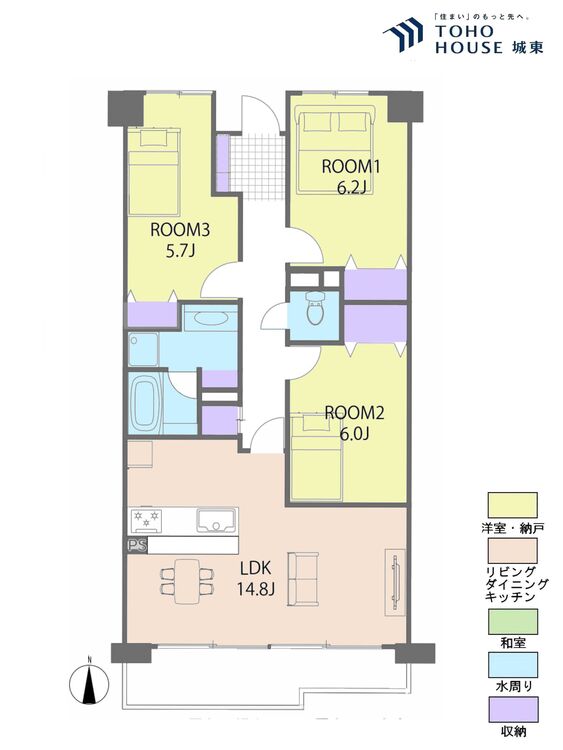 間取り ３ＬＤＫ、専有面積７２．２３平米、バルコニー面積９．７６平米