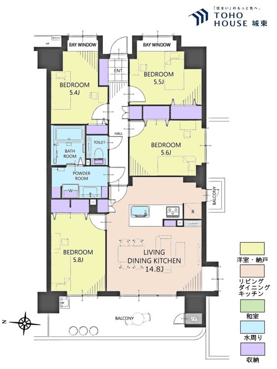 間取り ４ＬＤＫ、専有面積８１．４２平米、バルコニー面積１３．９４平米