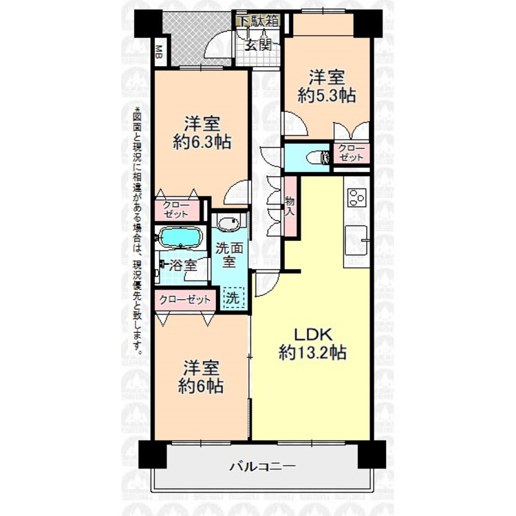 間取り 6階部分南向きの明るい3LDK！