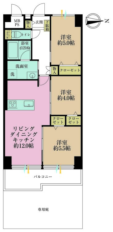 その他 3LDK、専有面積61.6m2、バルコニー面積7.44m2